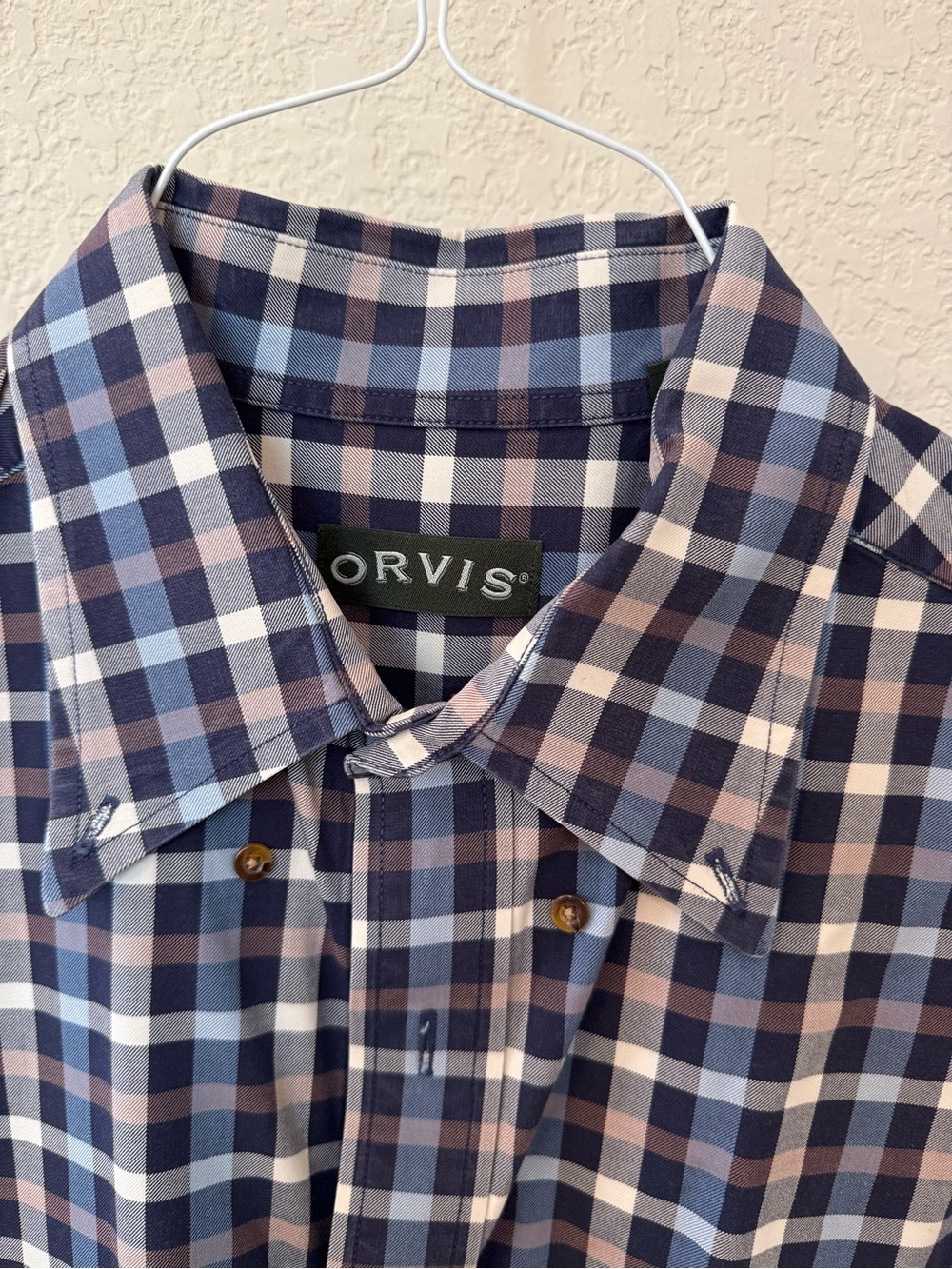 Orvis Navy, Light Blue and Tan Plaid Button-Down Shirt. Size LT.